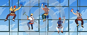 Industrial climbers. Cartoon professionals wash windows of skyscraper at height, safety cables, helmets and fasteners