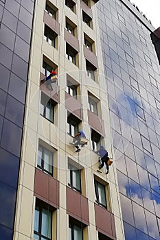 Industrial climbers clean windows of high-rise buildings