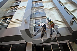 Industrial Climbers Washing Facade of a Modern Building