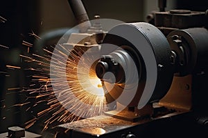 Industrial CNC lathe with sparks flying in the air. Cutting a cylindrical metal with a lathe grinder, AI Generated
