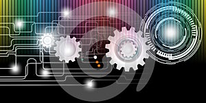 Industrial Cogs Gears circuit Banner Background with colorful rainbow lighting effect.