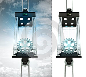 Industrial cogwheel in sky elevator concept also isolated one