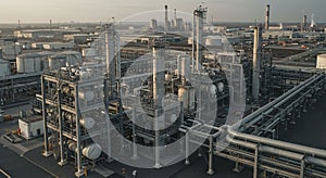 Industrial complex featuring multiple large cylindrical storage tanks and towering