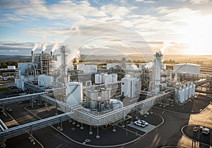 An industrial complex featuring multiple large white storage tanks