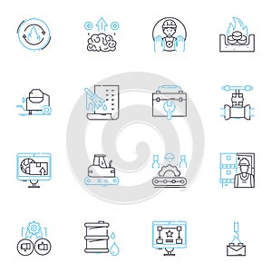 Industrial complex linear icons set. Assembly, Production, Manufacturing, Fabrication, Infrastructure, Machinery