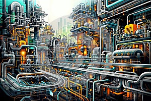 Industrial complex with pipes and steam locomotives. 3d render, generative ai