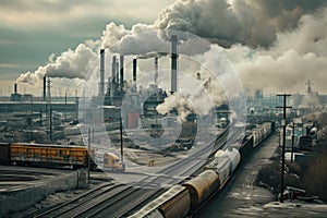 industrial complex with several large smokestacks emitting steam. There are trucks and trains moving in and out of the