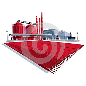 Industrial complex with silos and chimneys with a red carpet leading to it