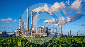 An industrial complex sits in the rolling countryside its towering smokestacks billowing white clouds into a clear blue