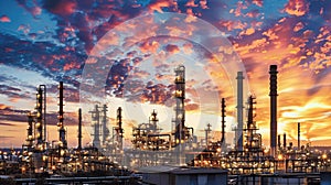 Industrial Complex at Sunset with Dramatic Clouds and Lighting Effects