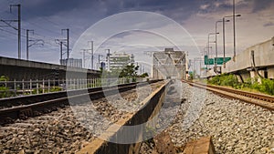 Industrial concept background. Railroad travel, railway tourism. Blurred railway. Transportation