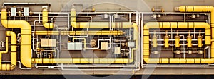 Industrial concept. Pipeline in a factory - valves, tubes, pressure gauges, thermometers. View from above. pipes, flow meter,