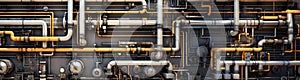 Industrial concept. Pipeline in a factory - valves, tubes, pressure gauges, thermometers. View from above. pipes, flow meter,