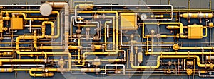 Industrial concept. Pipeline in a factory - valves, tubes, pressure gauges, thermometers. View from above. pipes, flow meter,