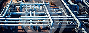 Industrial concept. Pipeline in a factory - valves, tubes, pressure gauges, thermometers. View from above. pipes, flow meter,