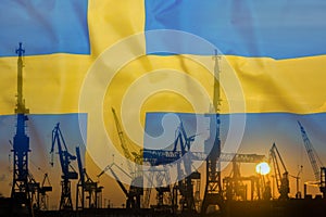 Industrial concept with Sweden flag at sunset