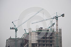 Industrial construction cranes and building black and white insolated.Industrial construction crane over building site