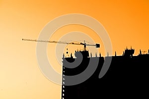 Industrial construction cranes and building silhouettes sunset