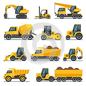 Industrial construction equipment and machinery flat vector icons