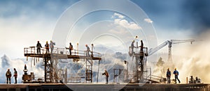 Industrial construction site with cranes and workers, panoramic banner