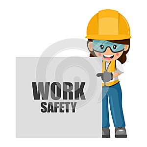 Industrial construction woman worker with her personal protective equipment and work safety poster. Engineer with safety helmet.