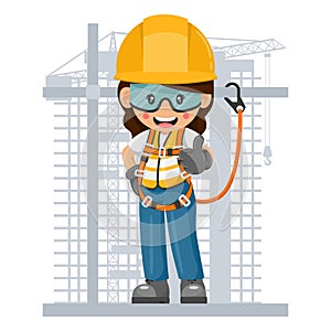 Industrial construction woman worker with personal protective equipment, safety harness and lifeline on a scaffold. Industrial