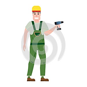 Industrial construction worker character with with a screwdriver tool, installer. Vector, isolated, cartoon flat style