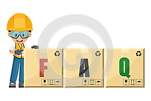 Industrial construction worker with giant FAQ letter boxes, Frequently asked questions concept. Industrial safety and occupational