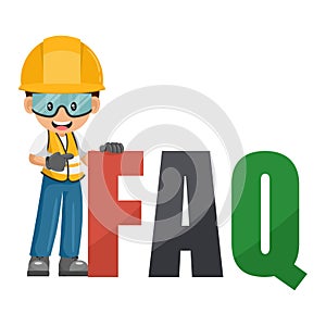 Industrial construction worker with giant FAQ letters, Frequently asked questions concept. Industrial safety and occupational