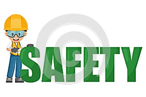 Industrial construction worker with giant safety letters, Concept of industrial safety at work. Industrial safety and occupational