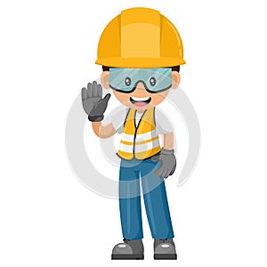 Industrial construction worker with his personal protective equipment saluting. Express an idea in a presentation. Safety first.