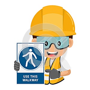 Industrial construction worker with mandatory sign use this walkway. Pedestrians must use a designated walkway. Areas unsafe for