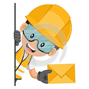 Industrial construction worker peeking out from behind a wall with letter envelope for email. Concept of communication,