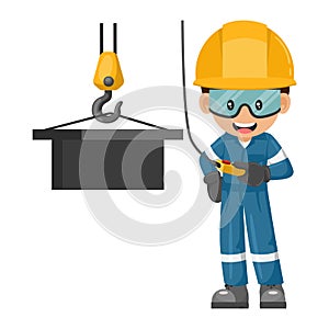 Industrial construction worker using an overhead crane to move a piece of metal. Worker with his personal protective equipment.