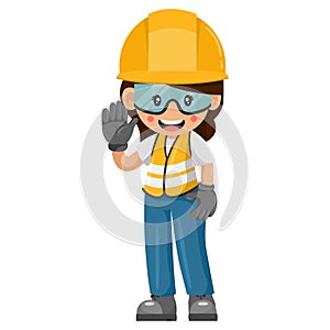 Industrial construction worker woman with his personal protective equipment saluting. Express an idea in a presentation. Safety