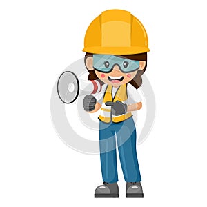 Industrial construction worker woman making an announcement with a megaphone. Site supervisor engineer with personal protective