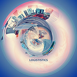 Industrial container cargo freight ship for import or export in port. Abstract design background, trucks and transport