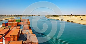 Industrial container ship passing through Suez Canal with ship's photo