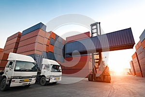 Industrial Container yard with forklift working in the morning