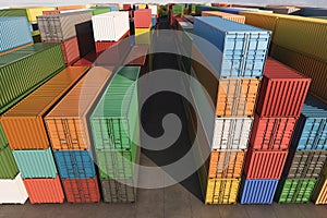 Industrial container yard for logistic import-export business in rows top view