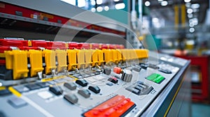 Industrial Control Panel Buttons Close-Up: Machinery Production Interface.