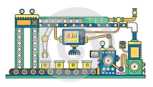 Industrial conveyor belt machine and manufacture machinery factory flat line vector illustration.