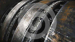 An industrial conveyor belt wheel showing signs of wear and tear with dents and scratches marring its smooth surface photo