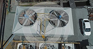 Industrial cooling towers. Cooling tower from a drone. Wet cooling towers. Evaporative cooling towers