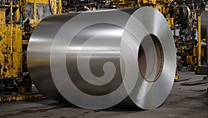 Industrial crane lifting massive steel roll in factory setting