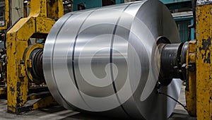 Industrial crane lifting massive steel roll in factory setting