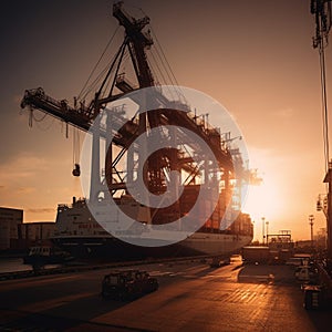 Industrial Crane Loading Cargo at Sunset photo