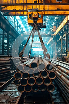 Industrial Crane Transporting Stacked Steel Pipes in Factory