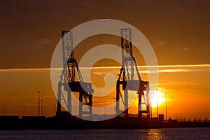 Industrial cranes in a port at sunset