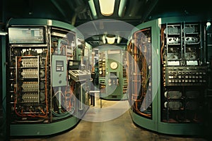 industrial data center, retro analog devices for industry and scientific research and measurements, in interior of